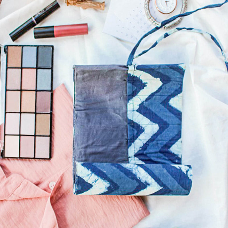 Hand-stitched Indigo Chevron Roll Up Case