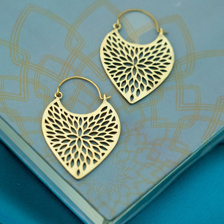 Handmade Brass Modern Hoop Earrings - Leafy Drop Pattern