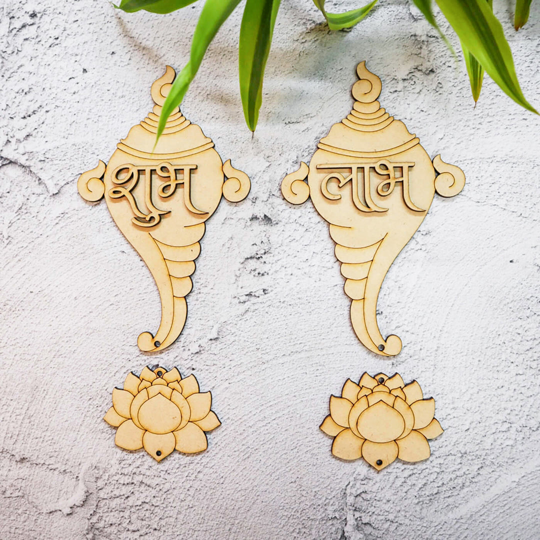 Saver Bundle - Ready to Paint Shankh & Lotus Shubh Labh MDF Hangings - SHUBH004