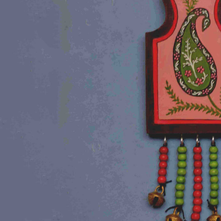 Handpainted Paisley Wooden Wall Art with Wooden Beads and Brass Ornament - Red Peach