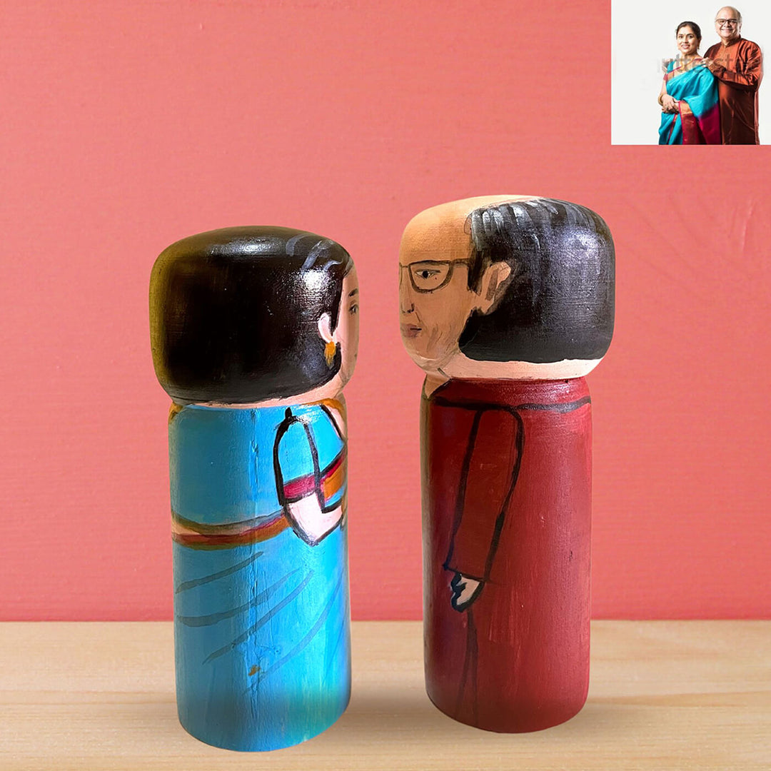 Handpainted Personalised Wooden Couple Dolls - Anniversary Gift - Large