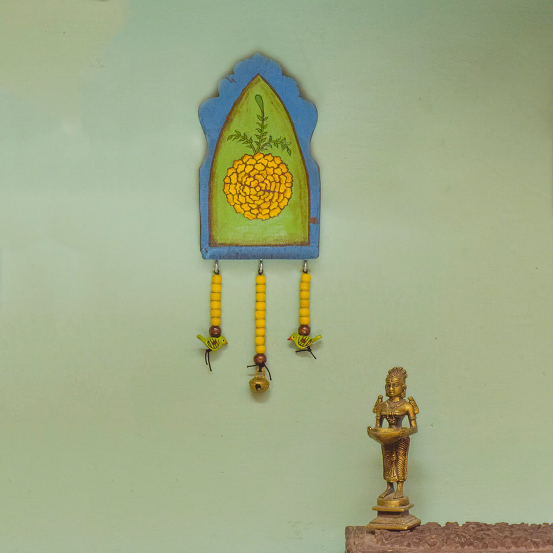 Handpainted Flower Wooden Wall Art with Wooden Beads and Brass Ornament - Blue Green