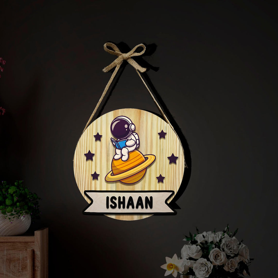 Kids Circular 3D Dino Astronaut Themed Name Plate With Lights - Hanging with Personalized Name Display
