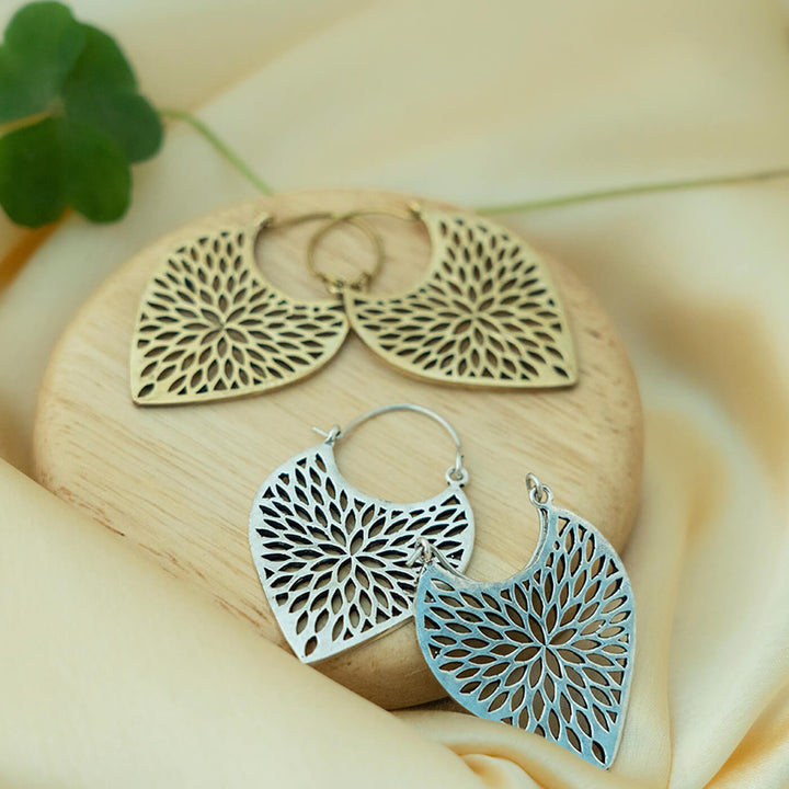 Handmade Brass Modern Hoop Earrings - Leafy Drop Pattern