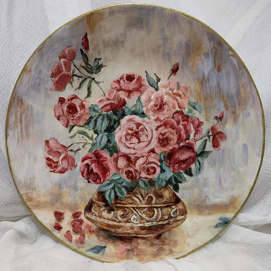 Vintage Ceramic Wall Plate - Pink & Red Flowers