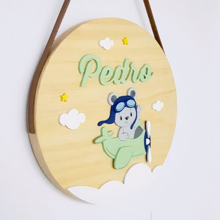 Quirky Painted Nameboard For Kids Explorer Bear - Hanging Angle Showing Personalization