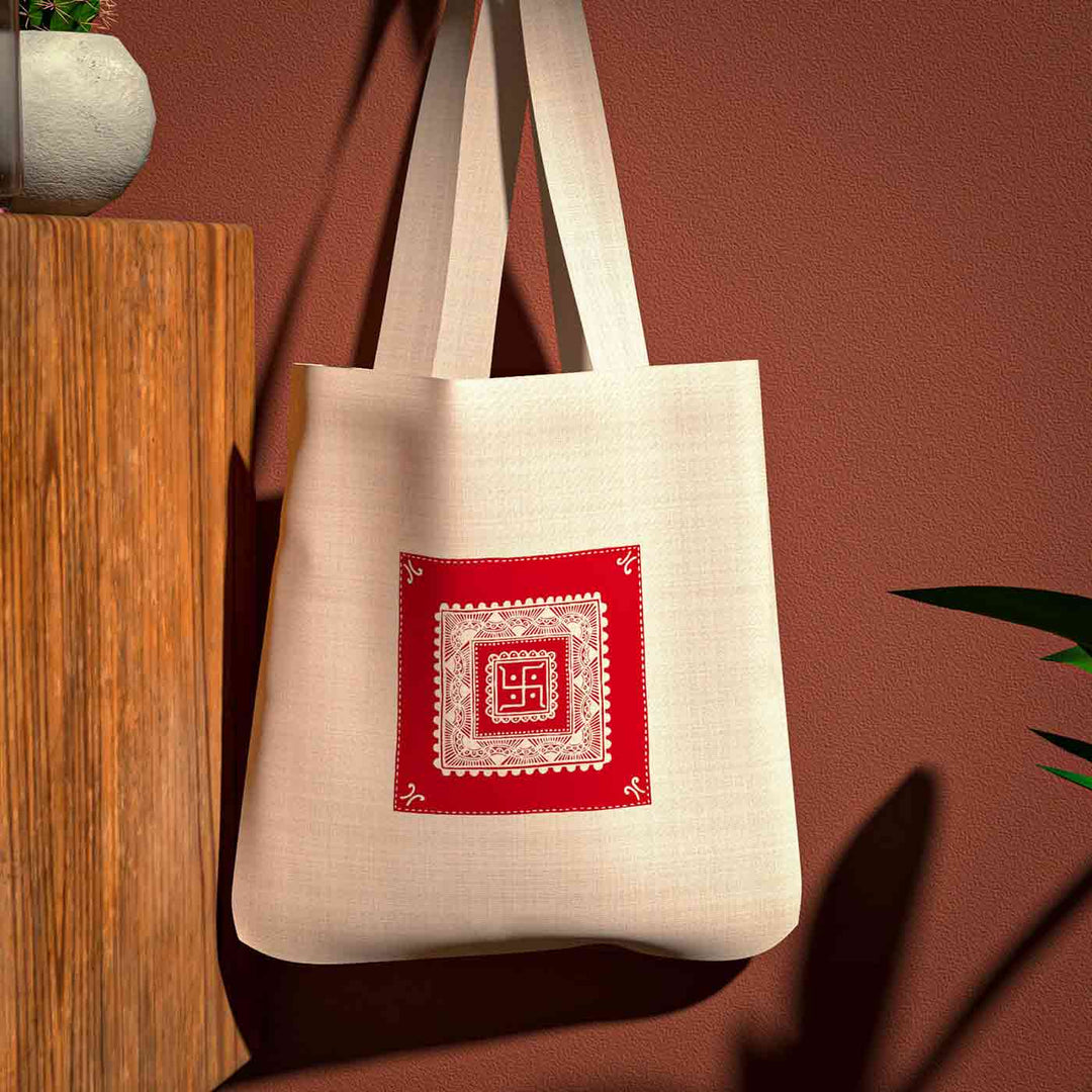 Handpainted Aipan Canvas Bag - Swastika