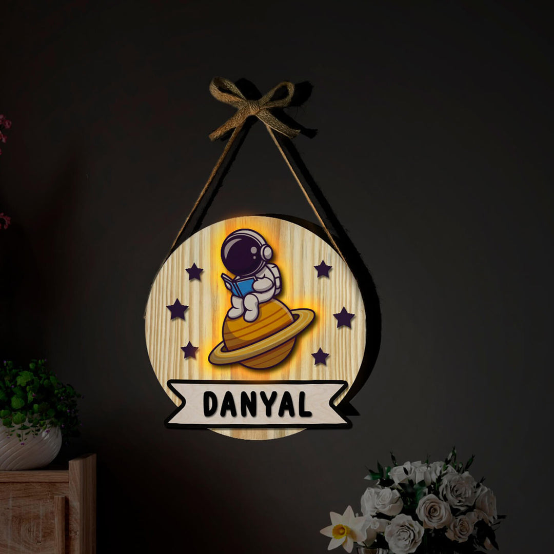 Kids Circular 3D Dino Astronaut Themed Name Plate With Lights - Hanging on Wall with Rope