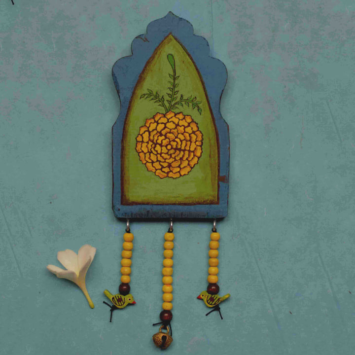 Handpainted Flower Wooden Wall Art with Wooden Beads and Brass Ornament - Blue Green