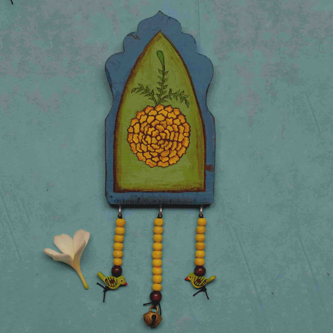 Handpainted Flower Wooden Wall Art with Wooden Beads and Brass Ornament - Blue Green
