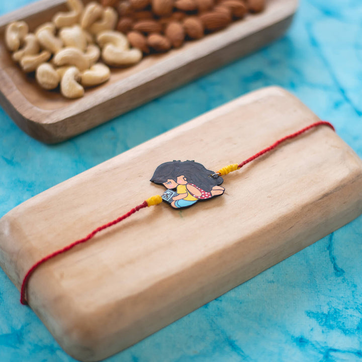 Handpainted Sibling Illustration Rakhi With Roli Chawal