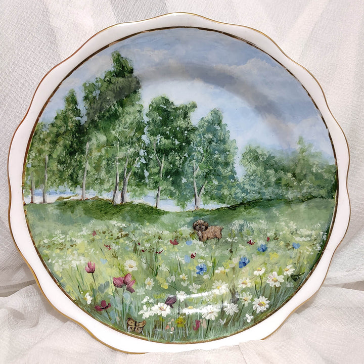 Vintage Ceramic Wall Plate - Dog & Floral Landscape - Zwende