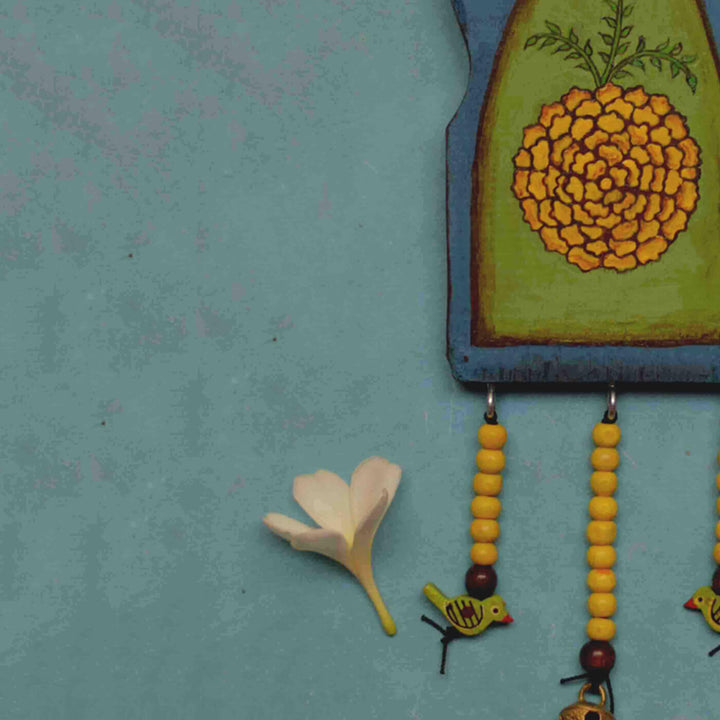 Handpainted Flower Wooden Wall Art with Wooden Beads and Brass Ornament - Blue Green