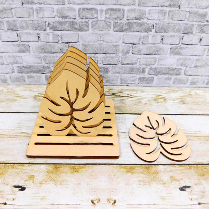 Ready-To-Paint MDF Palm Leaves Coaster Bases with a Holder - KP0175