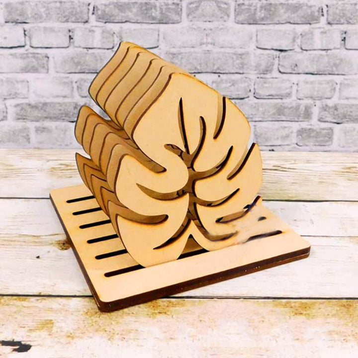 Ready-To-Paint MDF Palm Leaves Coaster Bases with a Holder - KP0175