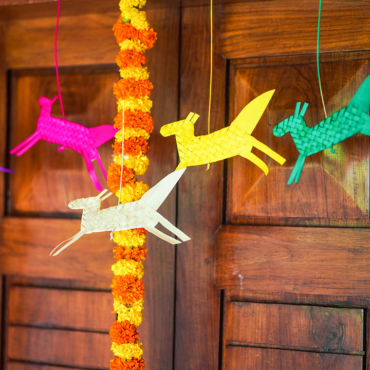 Vibrant Handfolded Palm Leaf Deer Decor - Set Of 5