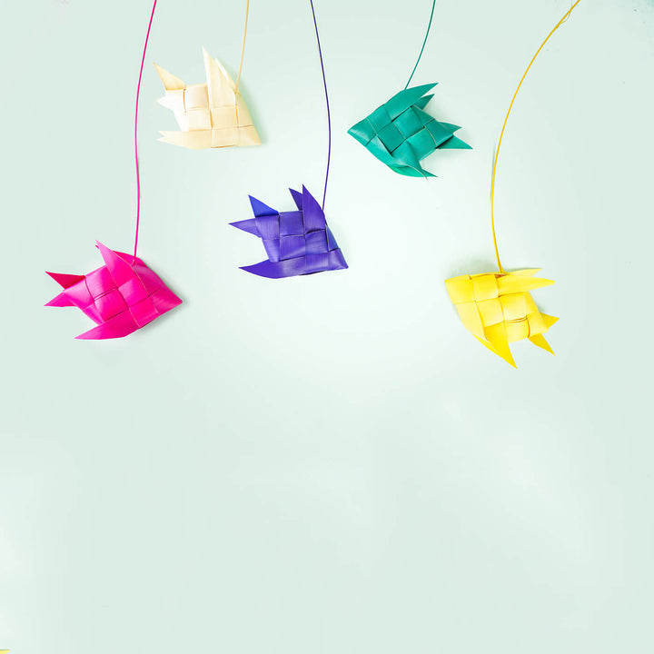 Quirky Handfolded Palm Leaf Fish Decor - Set Of 5