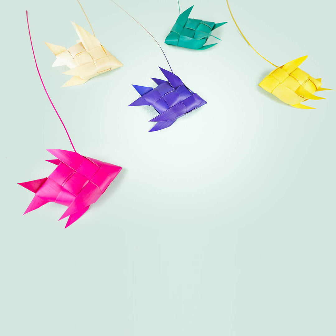 Quirky Handfolded Palm Leaf Fish Decor - Set Of 5