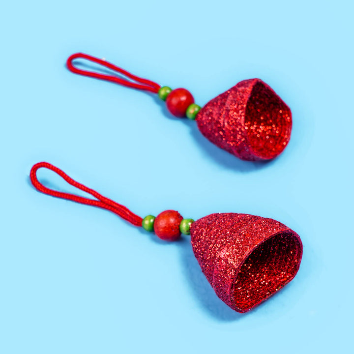 Handmade Upcycled Red Bell Coiled Newspaper Ornaments For Christmas Tree Decoration | Set Of 2