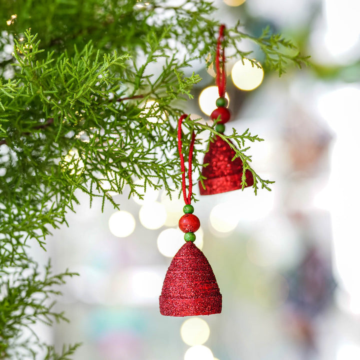 Handmade Upcycled Red Bell Coiled Newspaper Ornaments For Christmas Tree Decoration | Set Of 2