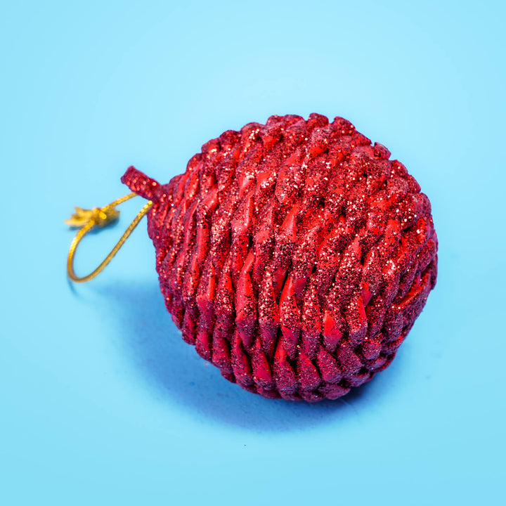 Handmade Upcycled Red Coiled Newspaper Ball Ornament For Christmas Tree Decoration