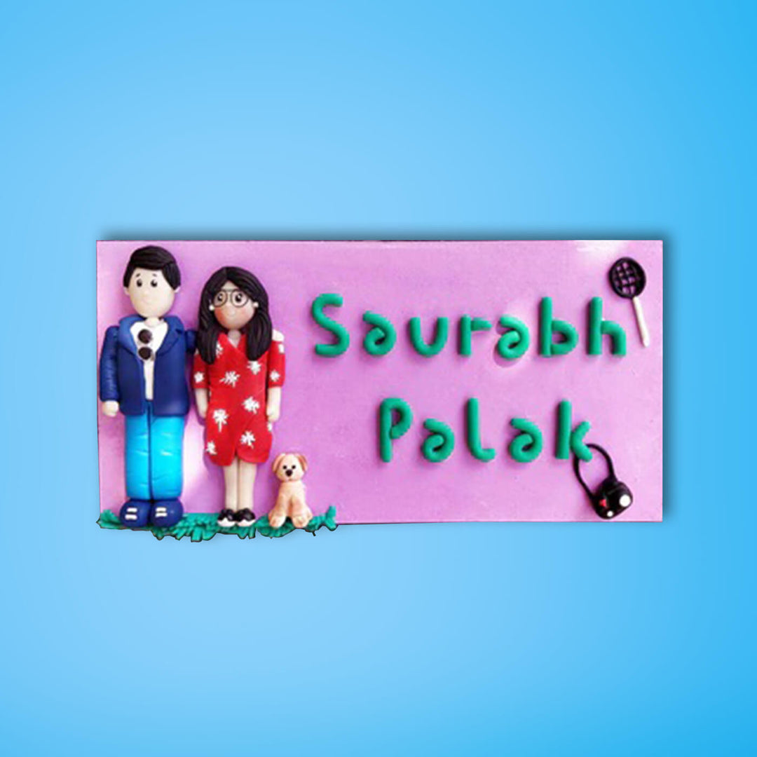 Clay Name Plate For Couples Two Characters Pet - Front View with Name Personalization