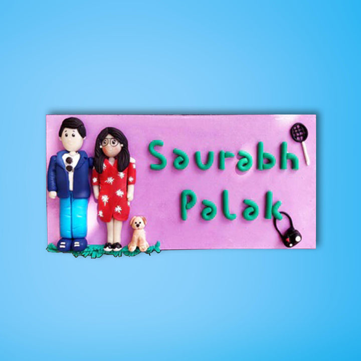 Clay Name Plate For Couples Two Characters Pet - Front View with Name Personalization