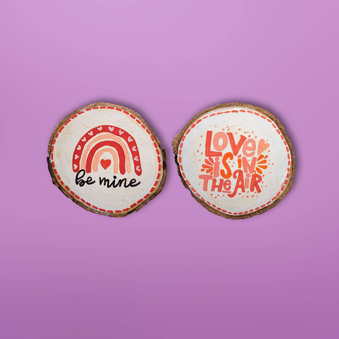Love-themed Handpainted Bark Coasters for Couples Set of 2