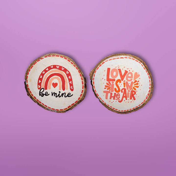 Love-themed Handpainted Bark Coasters for Couples Set of 2