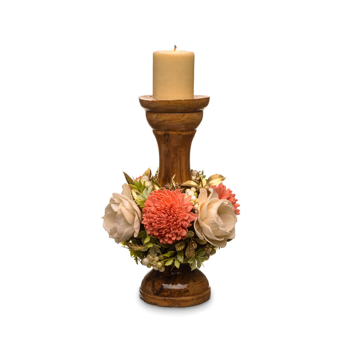 Handmade Peach Wooden Candle Holder With Sola Wood Floral Arrangement