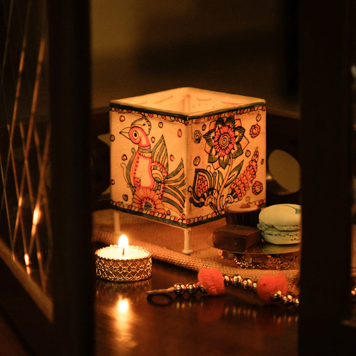 Peacock Hand Painted Parchment Leather Tholu Bommalata Tealight Lamp | 4 inches