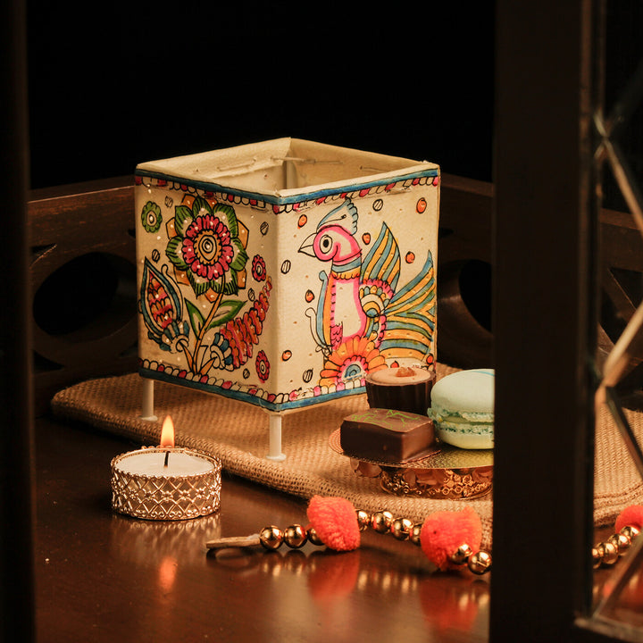 Peacock Hand Painted Parchment Leather Tholu Bommalata Tealight Lamp | 4 inches