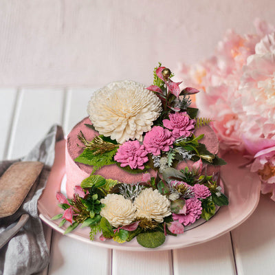 Pink Cake Topper with Sola Wood Floral Arrangement and Sticks