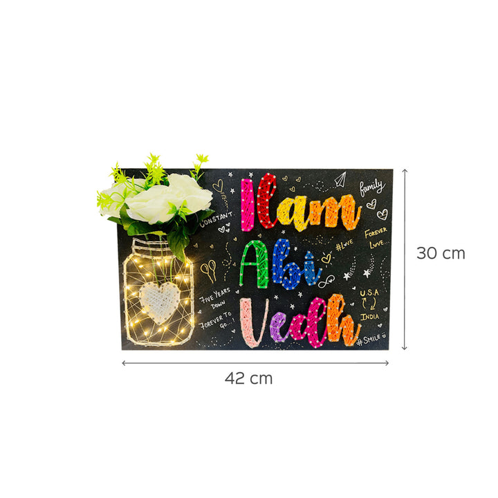 Mason Jar String Art Family Name Plate With Doodles - Dimension Chart with Floral Detail