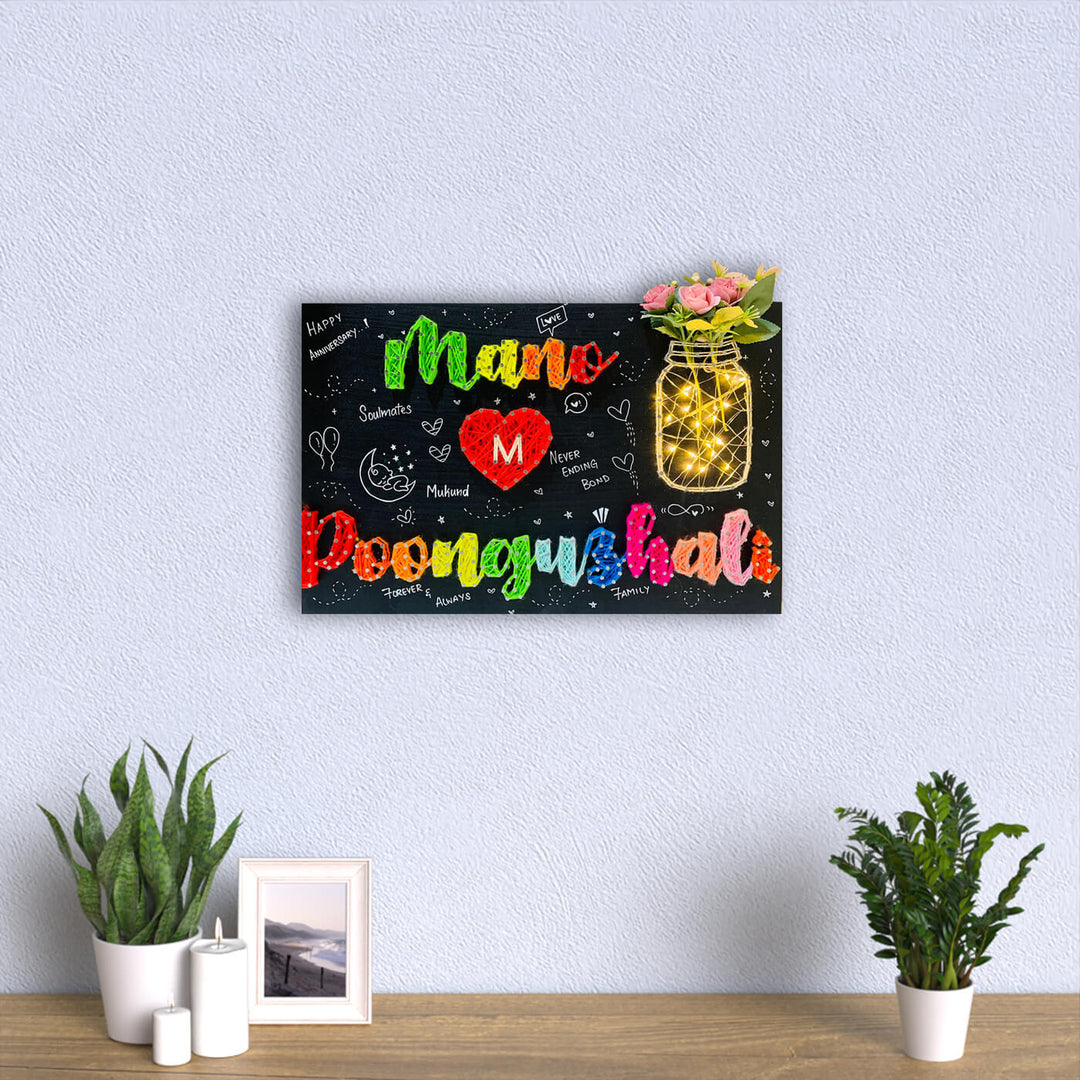 Rectangular Mason Jar String Art Nameboard With Lights N Flower