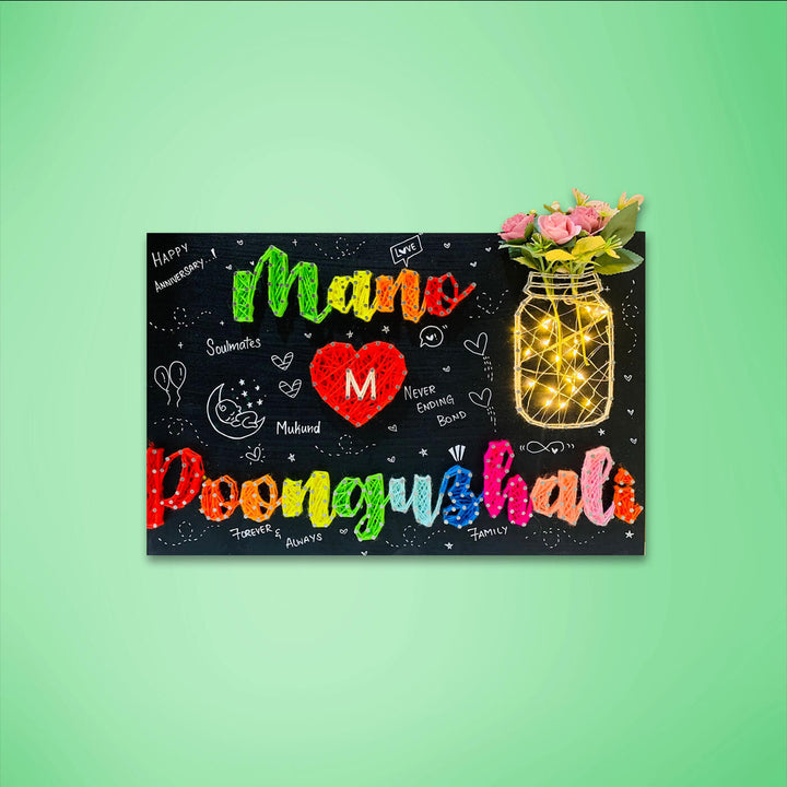 Rectangular Mason Jar String Art Nameboard With Lights N Flower