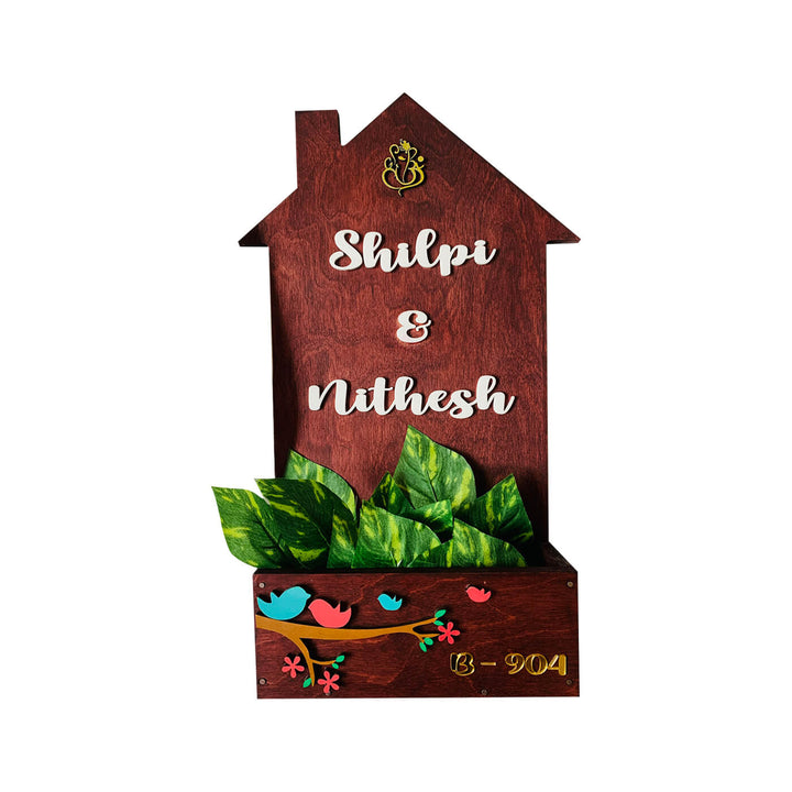 House-Shaped Name Board with Planter and Ganesha