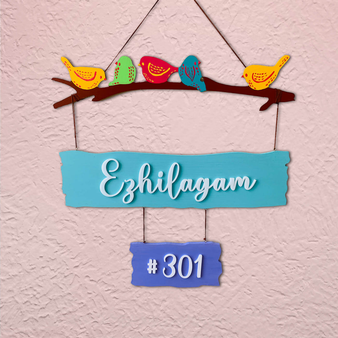 2 Pallet Sparrow Rectangular Name Plate With House Number - Hanging on Textured Wall View