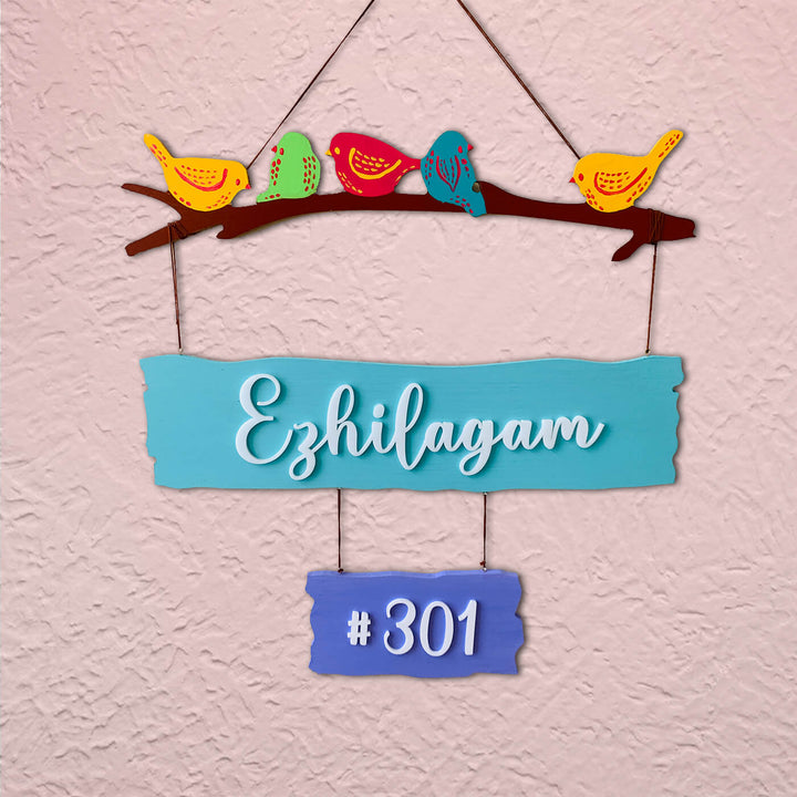 2 Pallet Sparrow Rectangular Name Plate With House Number - Hanging on Textured Wall View