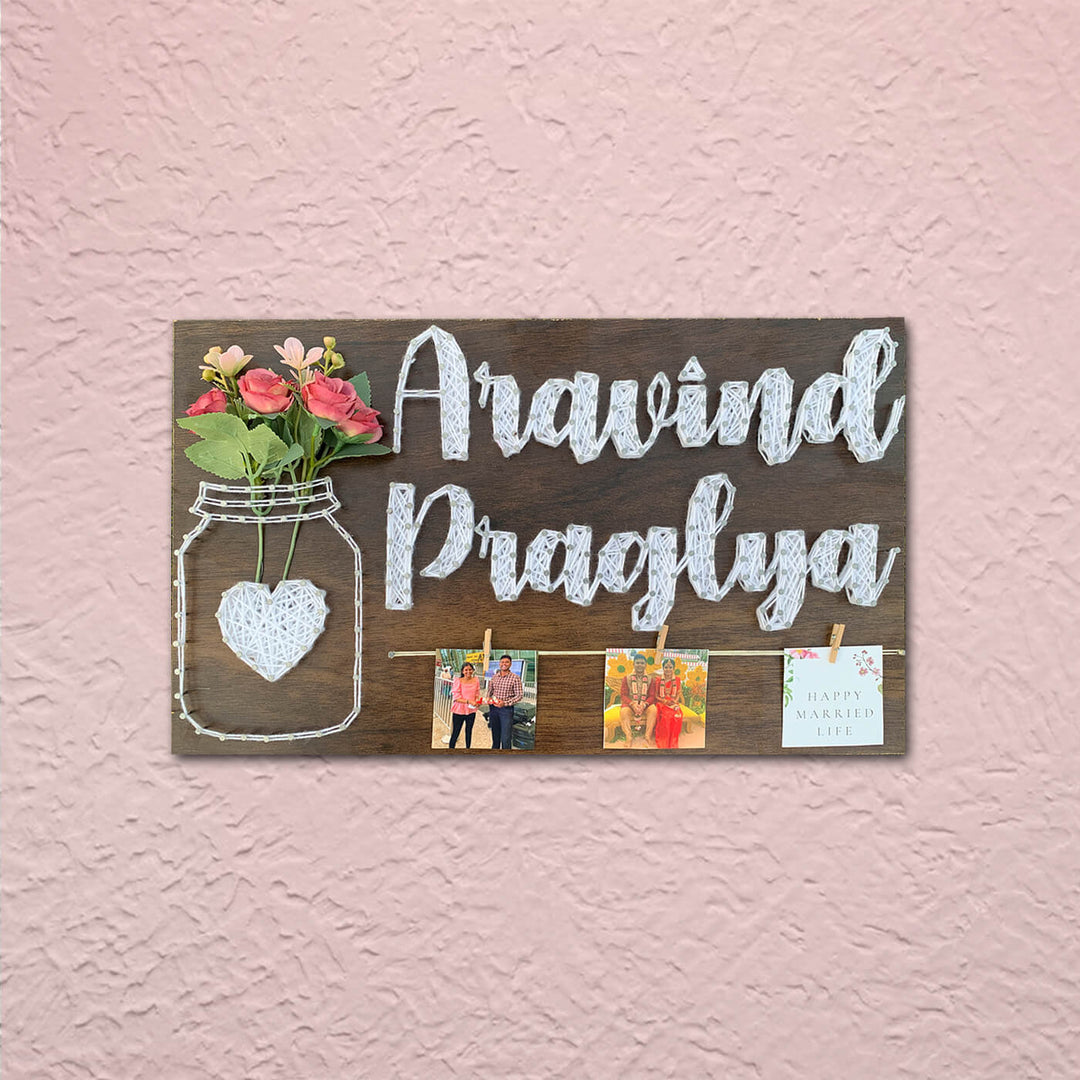 Mason Jar Couple String Art Name Board with 2 Customized Photos and a Quote