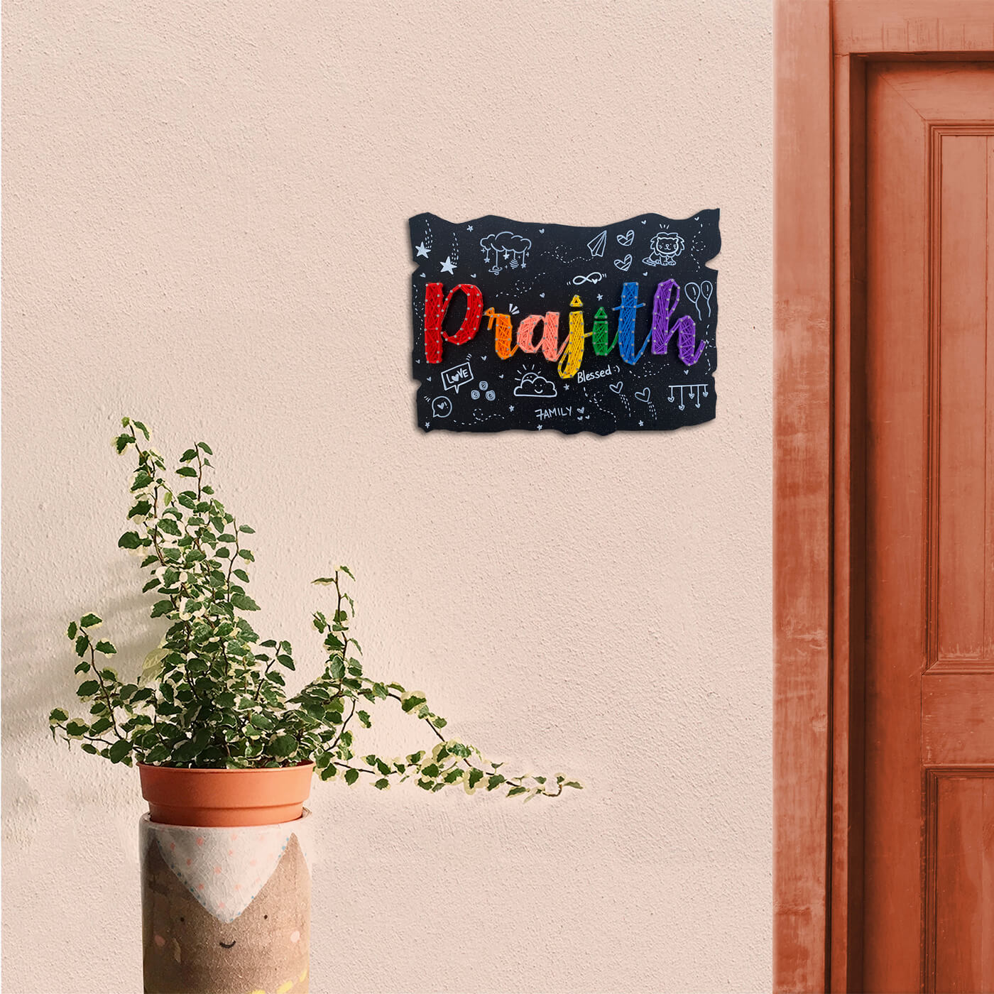 Rectangular String Art Name Board with Doodles Zwende