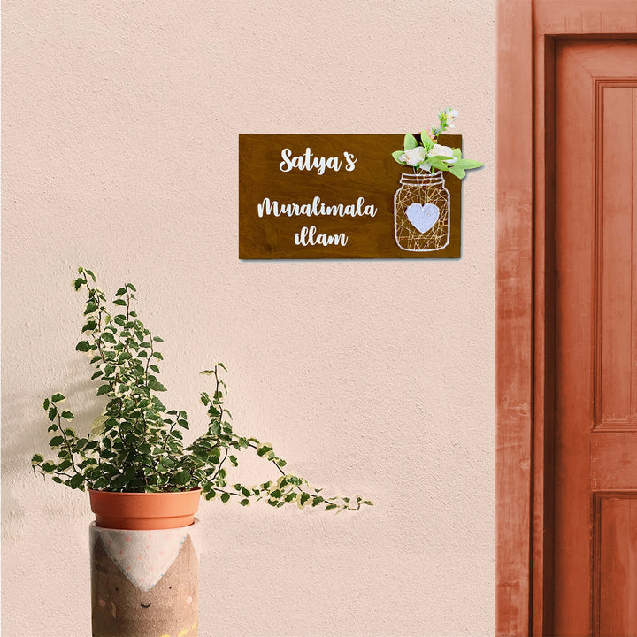 String Art Mason Jar Nameplate - White Flowers
