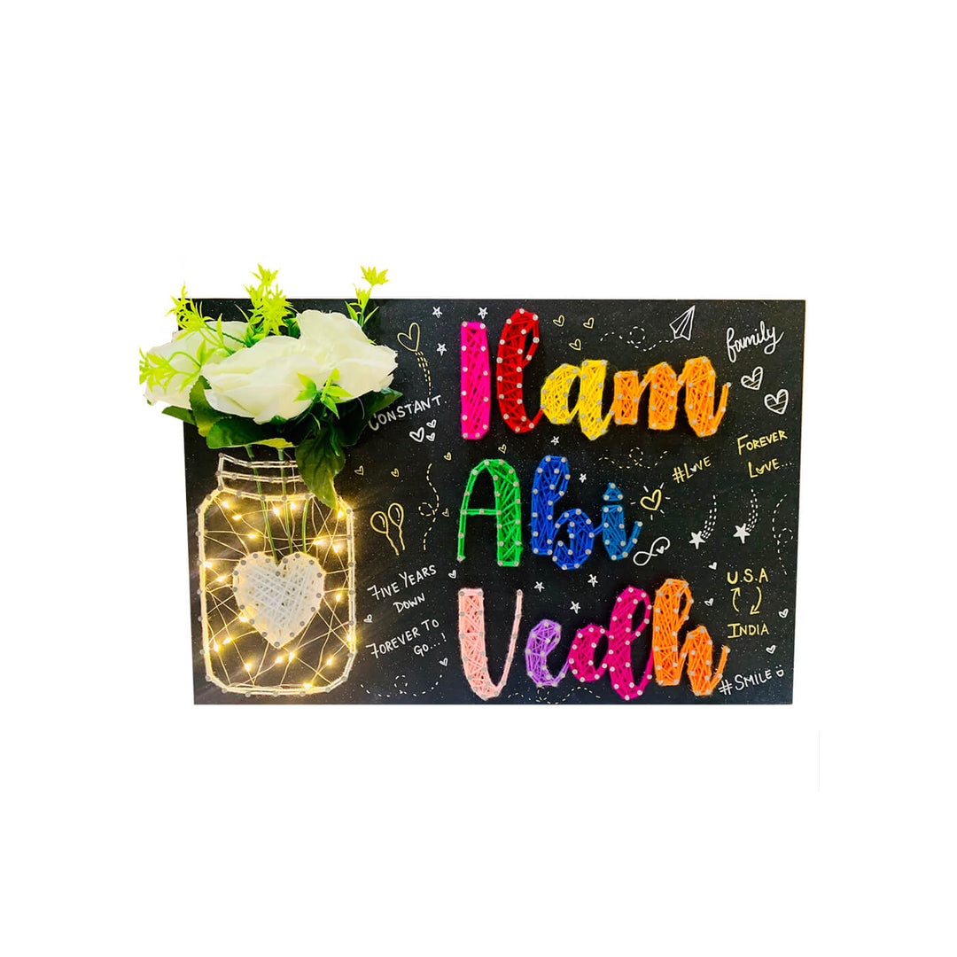 Mason Jar String Art Family Name Plate With Doodles - Front View with String Art and Flowers