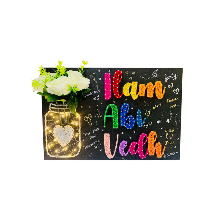 Mason Jar String Art Family Name Plate With Doodles - Front View with String Art and Flowers