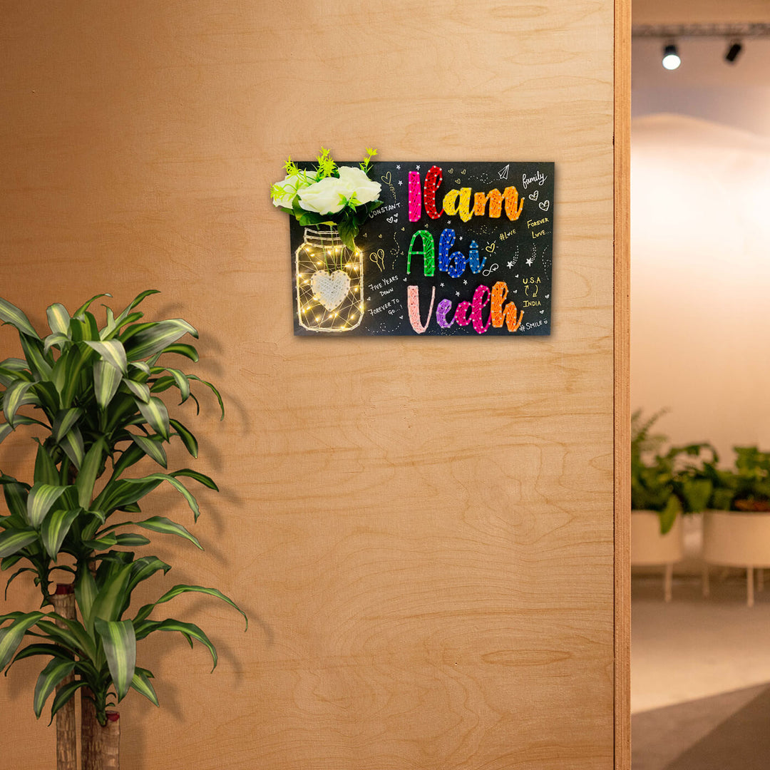 Mason Jar String Art Family Name Plate With Doodles - Mounted on Entryway Wall
