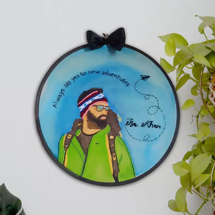 Hand Embroidered Personalised Portrait Hoop Wall Hanging With Message & Photo Based Character