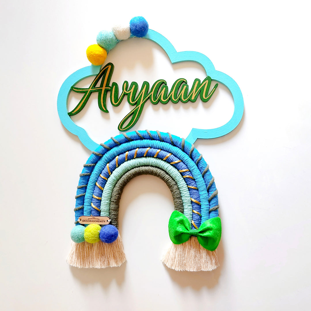 Macrame Cloud & Rainbow with Bow Personalized Kids' Nameplate
