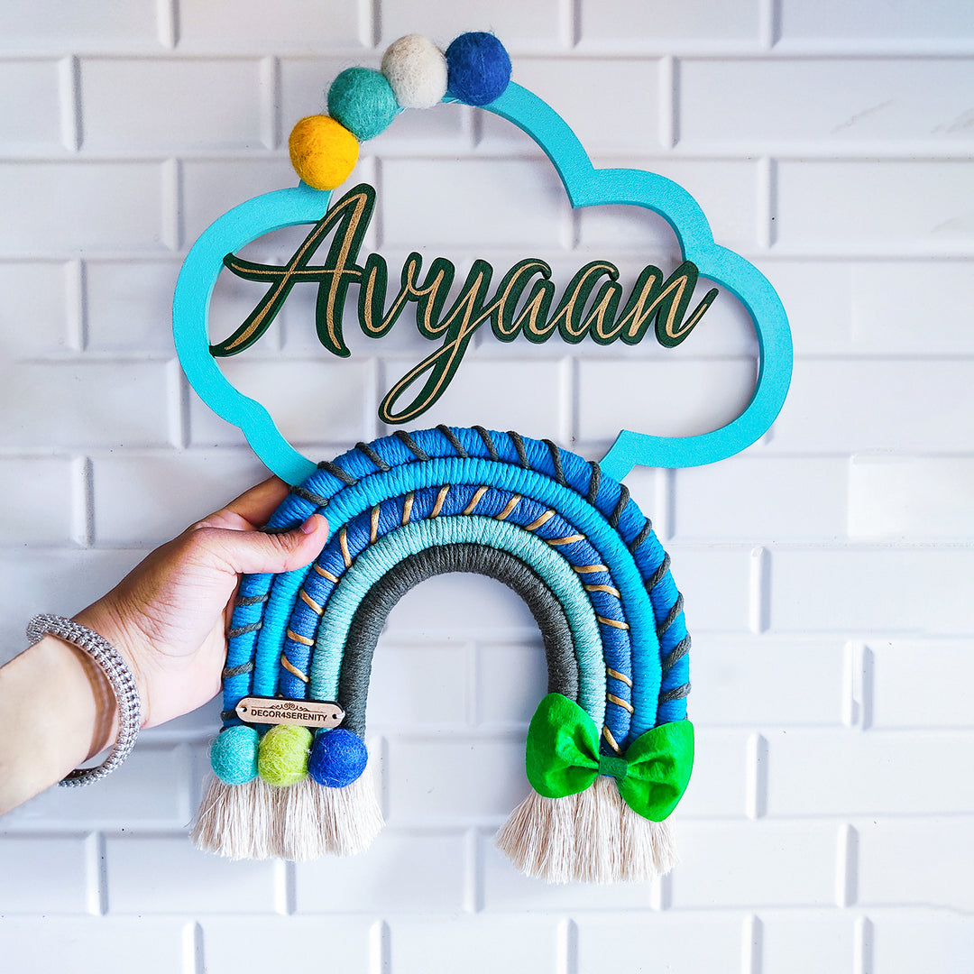 Macrame Cloud & Rainbow with Bow Personalized Kids' Nameplate