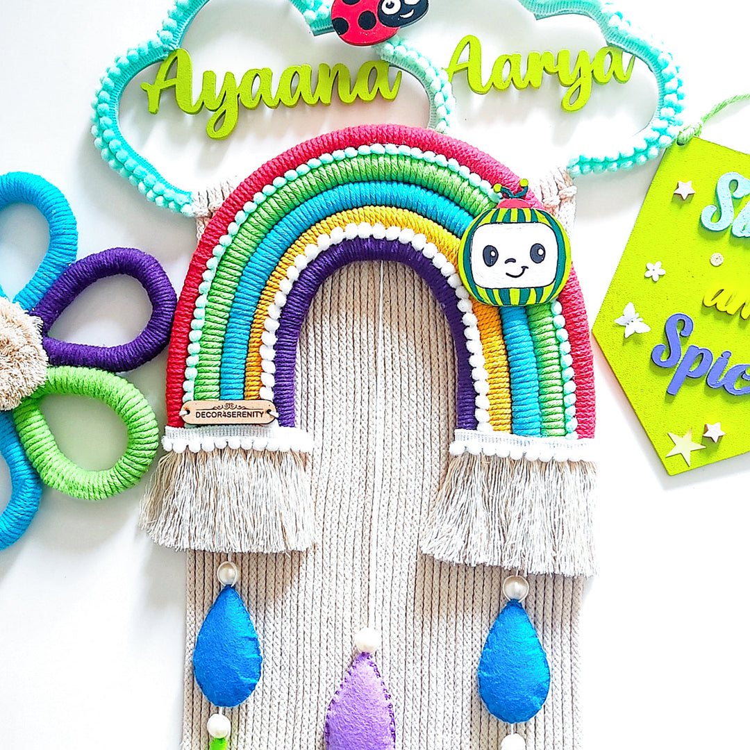 Macrame Cloud Rainbow With Cocomelon Personalized Kids Name Plate - Flat Lay Display with Name Personalization