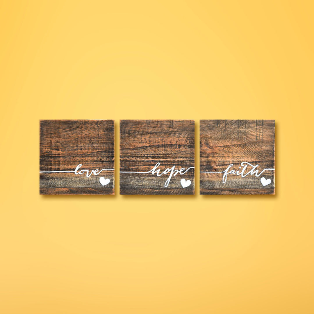 Love, Hope, Faith - Set of 3 Wooden Quote Tiles